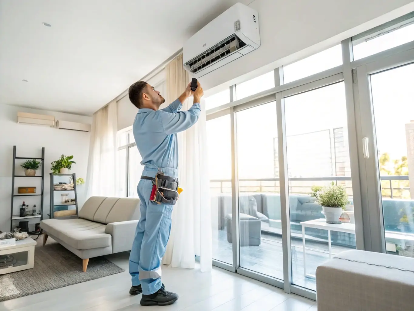 A professional technician installing a modern air conditioning unit in a home, showcasing SITEH's expert installation services.